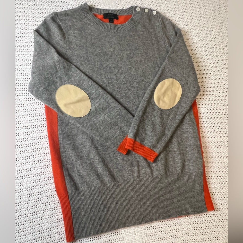 Gray and Orange Women’s Sweater with Elbow Patches J Crew cashmere blend